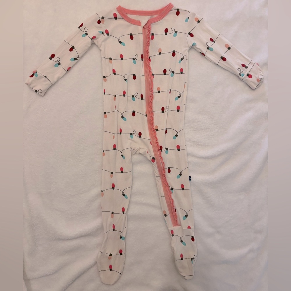 Kickee Pants Natural Lights Pink Ruffle 9-12mo Christmas PJs